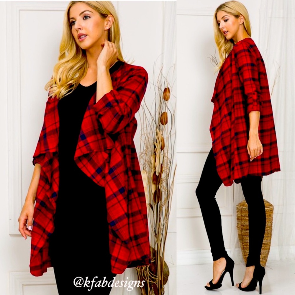 B124❤️🖤Stunning red+black plaid ruffle cascade trim open cardi- perfect!❤️🖤